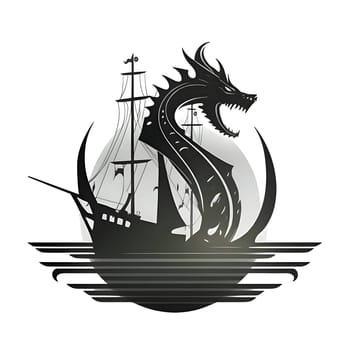 A logo concept featuring a white and black dragon ship, symbolizing power and adventure.