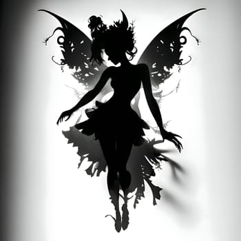 Vector illustration of a fairy in black silhouette against a clean white background, capturing graceful forms.