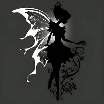 Vector illustration of a fairy in black silhouette against a dark background, capturing graceful forms.