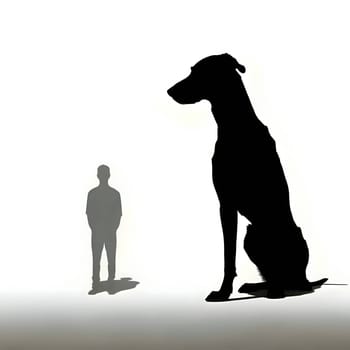 Vector illustration of a big dog and little man in black silhouette against a clean white background, capturing graceful forms.