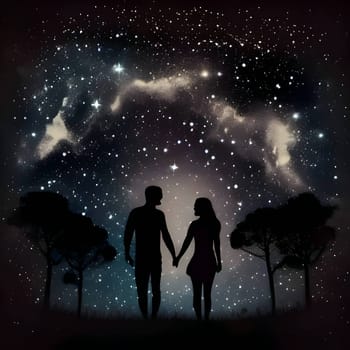 Vector illustration of a couple in love in black silhouette against a clean night background, capturing graceful forms.