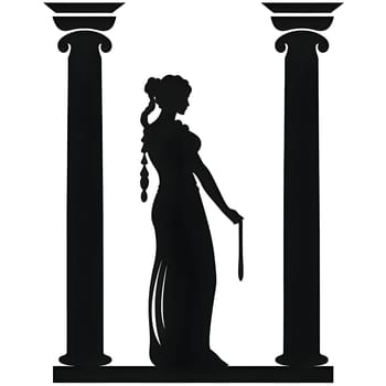 Vector illustration of a women between the pillars in black silhouette against a clean white background, capturing graceful forms.