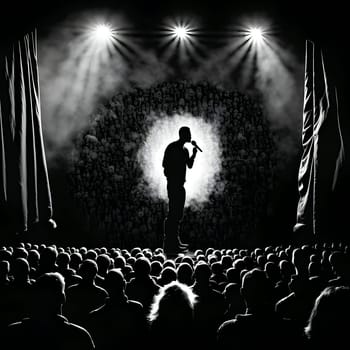 Vector illustration of a singer on stage in black silhouette against a clean black background, capturing graceful forms.