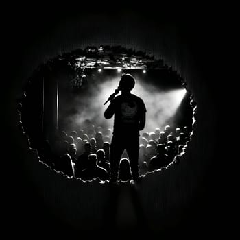 Vector illustration of a singer on stage in black silhouette against a clean black background, capturing graceful forms.