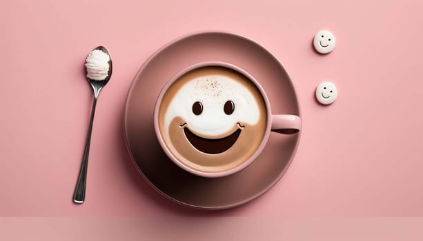 latte coffee in a cup minimalism smile pink background. Generative AI.