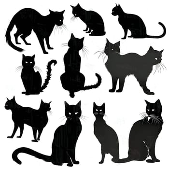 Vector illustration of a cats set in black silhouette against a clean white background, capturing graceful forms.