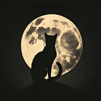Vector illustration of a cat in black silhouette against the moon background, capturing graceful forms.