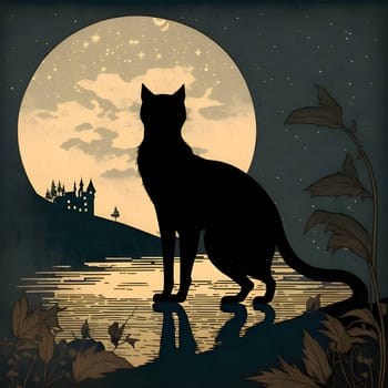 Vector illustration of a cat in black silhouette against the moon background, capturing graceful forms.