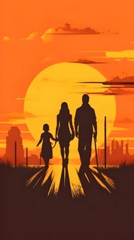 Vector illustration of a family in black silhouette against a clean sunset background, capturing graceful forms.