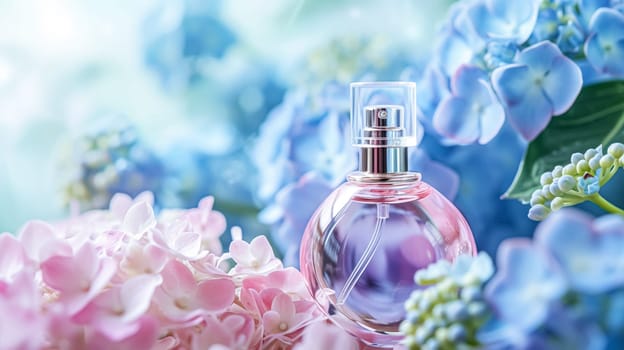 Perfume bottle in flowers, fragrance on blooming background, floral scent and cosmetic product idea