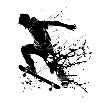 Vector illustration of a boy on skateboard in black silhouette against a clean white background, capturing graceful forms.