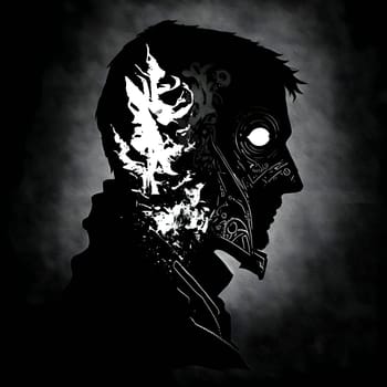 Vector illustration of a man in a mask in black silhouette against a clean dark background, capturing graceful forms.