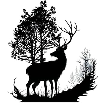 Vector illustration of a deer in the meadow in black silhouette against a clean white background, capturing graceful forms.