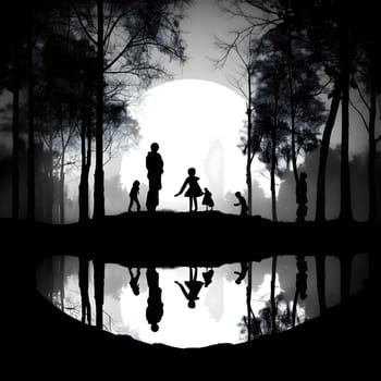 Vector illustration of a family in forest in black silhouette against a clean white background, capturing graceful forms.