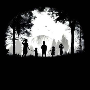 Vector illustration of a family in forest in black silhouette against a clean white background, capturing graceful forms.