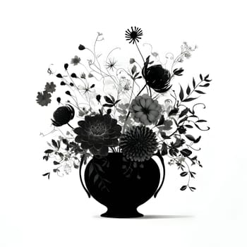 Vector illustration of flowers in a vase in black silhouette against a clean white background, capturing graceful forms.