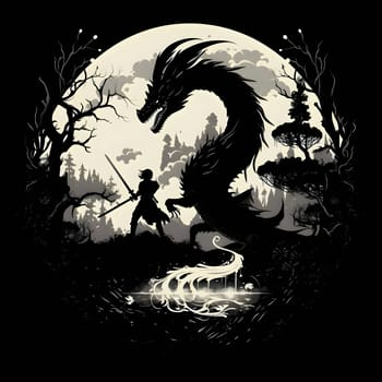 Vector illustration of a warrior and dragon in black silhouette against a clean light background, capturing graceful forms.