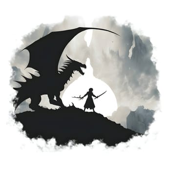 Vector illustration of a warrior and dragon in black silhouette against a clean light background, capturing graceful forms.