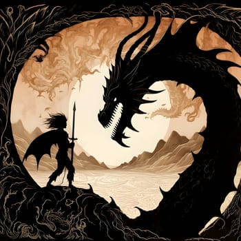 Vector illustration of a warrior and dragon in black silhouette against a clean light background, capturing graceful forms.