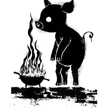 Vector illustration of a pig and bonfire in black silhouette against a clean white background, capturing graceful forms.