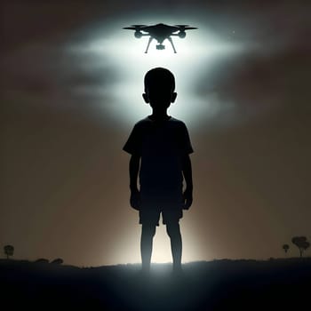 Vector illustration of boy and drone in black silhouette against a clean dark background, capturing graceful forms.