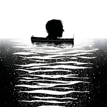 Vector illustration of a head in the boat on the water in black silhouette against a clean white background, capturing graceful forms.