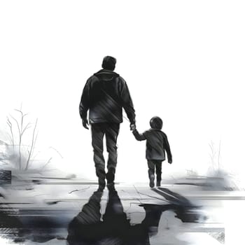 Vector illustration of father with son in black silhouette against a clean white background, capturing graceful forms.