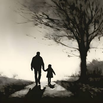 Vector illustration of father with son in black silhouette against a clean white background, capturing graceful forms.