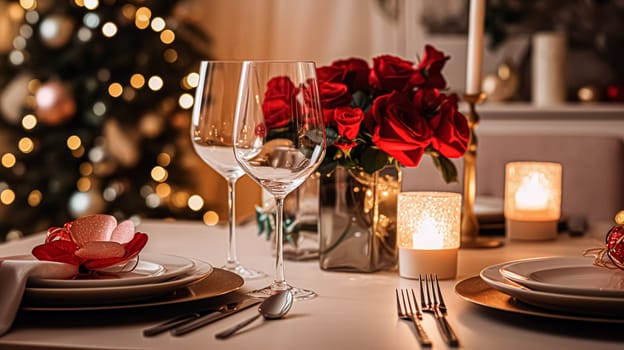 Festive date night tablescape idea, dinner table setting for two and Christmas, New Year, Valentines day decor, English countryside home styling