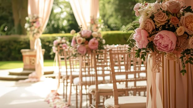 Wedding decoration with peonies, floral decor and event celebration, peony flowers and wedding ceremony in the garden, English country style