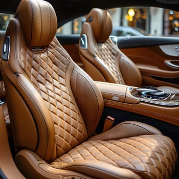 A classic motor vehicle with brown leather seats, wood details, and a luxurious steering wheel. The car exudes elegance and sophistication in its automotive design