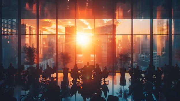 A group of people gather at the window, mesmerized by the sunset over the city skyline, with the natural landscape and horizon painted in hues of dusk and the sky on fire with the fading suns heat