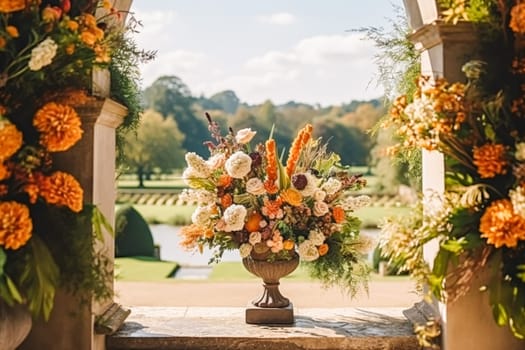 Floral decoration, wedding decor and autumn holiday celebration, autumnal flowers and event decorations in the English countryside garden, country style idea