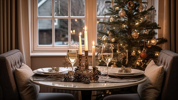 Festive date night tablescape idea, dinner table setting for two and Christmas, New Year, Valentines day decor, English countryside home styling