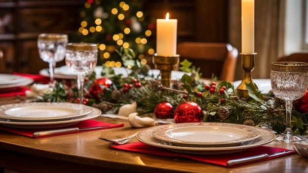 Christmas table decor, holiday tablescape and dinner table setting, formal event decoration for New Year, family celebration, English country and home styling inspiration