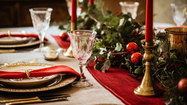 Christmas table decor, holiday tablescape and dinner table setting, formal event decoration for New Year, family celebration, English country and home styling inspiration