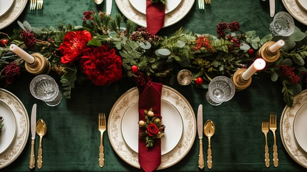 Christmas table decor, holiday tablescape and dinner table setting, formal event decoration for New Year, family celebration, English country and home styling inspiration