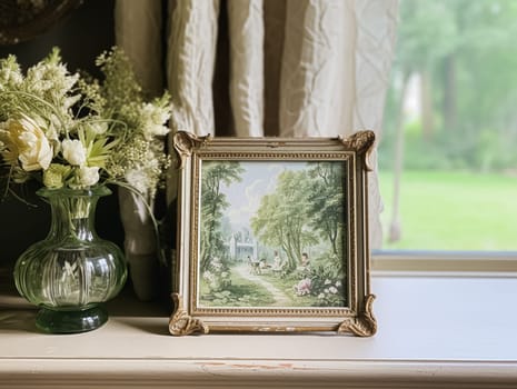 Charming vintage art frame in the elegant interior, wall and home decor