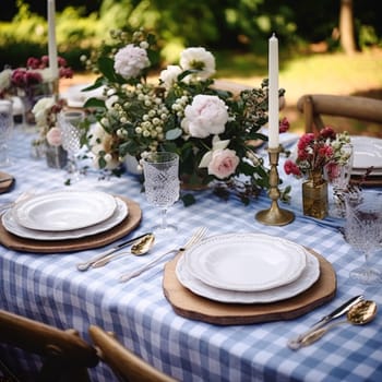 Cottage garden table decor, holiday tablescape and dinner table setting, formal event decoration for wedding, family celebration, English country and home styling inspiration