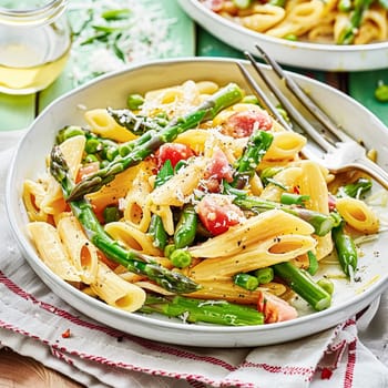 Pasta with asparagus, bacon and parmesan cheese