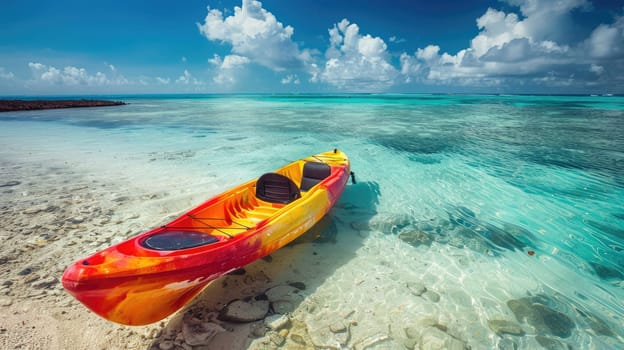 A red canoe rests on the serene shore of a tranquil lake, surrounded by the vast expanse of water, under the blue sky dotted with fluffy white clouds, showcasing the beauty of the natural landscape AIG50