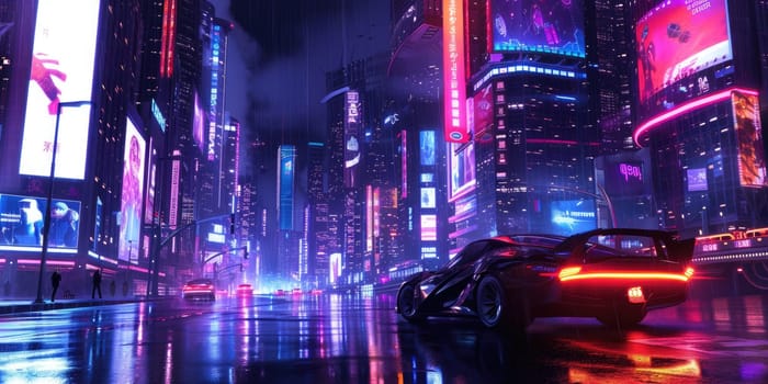 Futuristic city glows with soft hues, complemented by the sleek design of hovering vehicles above the vibrant skyline. Resplendent.