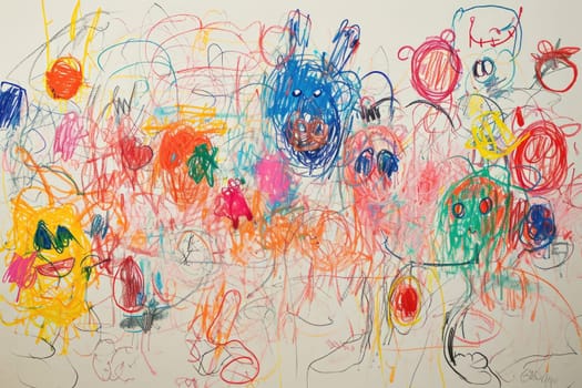The hand drawing colourful picture of the group of the various type of the animal that has been drawn by the colored pencil or chalk on the white background that seem to be drawn by the child. AIGX01.