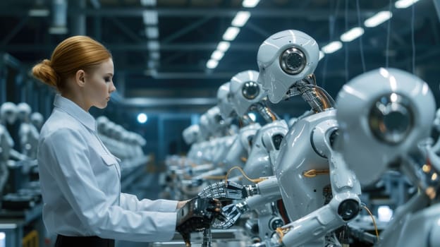 Machine arm working while smart mechanic engineer checking or inspect robotic arm. Factory machine or robotic electronic device working while industrial worker or engineer inspecting machines. AIG42.