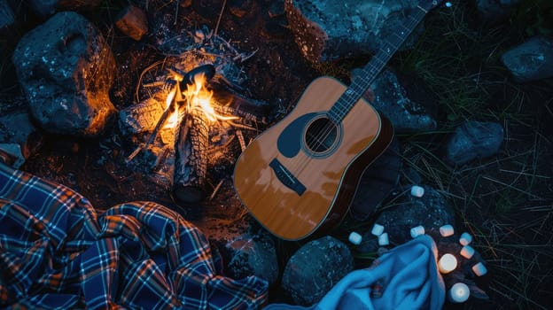 A Tartan guitar lies beside a blazing campfire, adding a touch of plaid pattern to the rustic setting. The warm glow of the fire creates a cozy atmosphere for recreational musicmaking AIG50