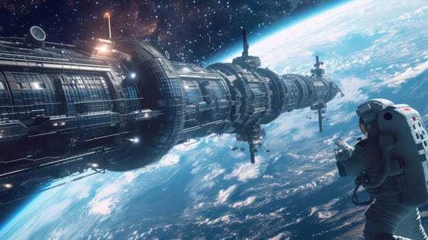 A space station orbiting a distant planet, astronauts conducting spacewalks, and star-filled background. Resplendent.
