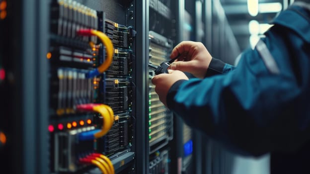 A man in electric blue engineering attire is performing gestures while working on a server in a data center. AIG41