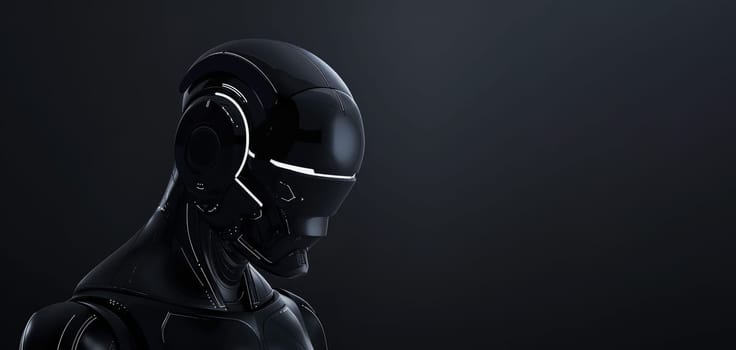 Black Cyber Robot Portrait With a Minimalist Design on Dark Background with Place For Text.