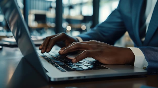 Close up of smart business man hands using laptop and planning strategy. Skilled project manager working computer while checking a financial report and analyzing stock market statistic chart. AIG42.