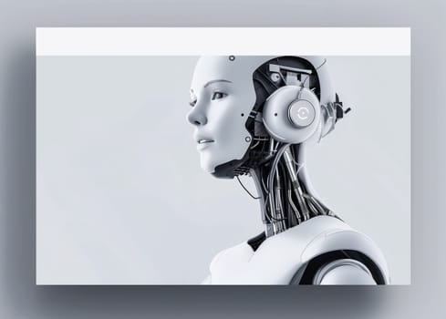 UX UI Web-Design Banner with Black Cyber Robot Portrait on Dark Background with Place For Text.